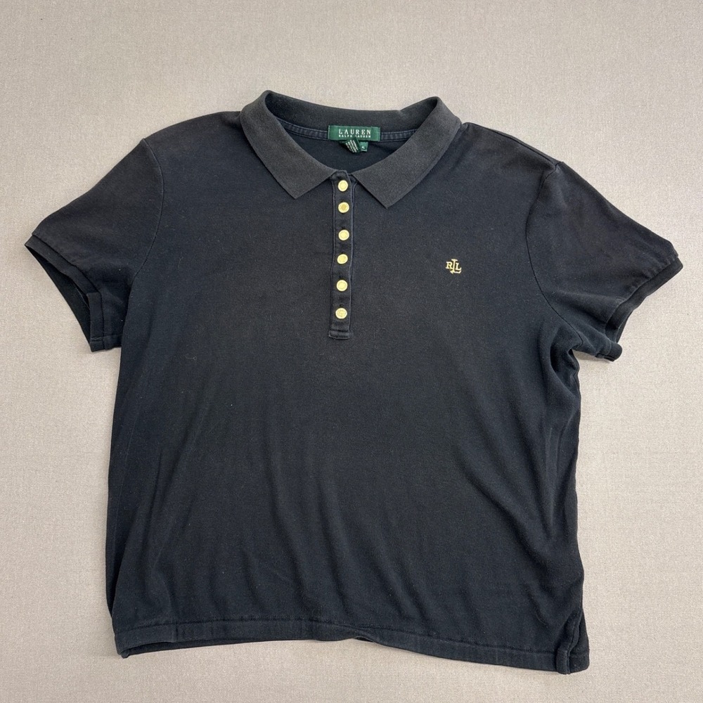 Lauren Ralph Lauren‎ Womens XL Black Gold Button Short Sleeve Polo Shirt Cotton
